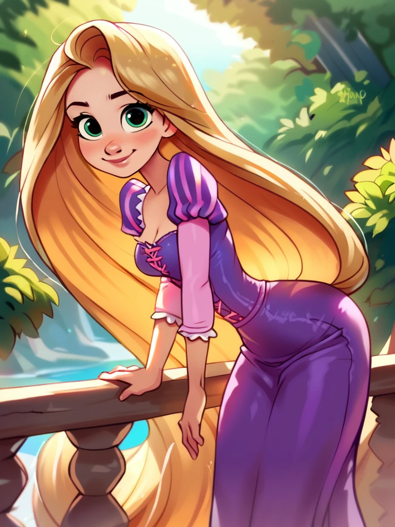 score_9, score_8_up, score_7_up, source_anime, RapunzelWaifu in a balcony in the top of a tower, leaning forward, cute pose, medium breasts, narrow waist, wide hips, thick thighs, smile, blue eyes, purple dress, puffy sleeves, very long hair, blonde, green eyes, anime style, looking at viewer, cute, detailed landscape, cowboy shot, cartoon, 4k, masterpiece,
<lora:RapunzelPonyXL_character:0.7> <lora:bbcchan-guy-PONYv1:0.65>