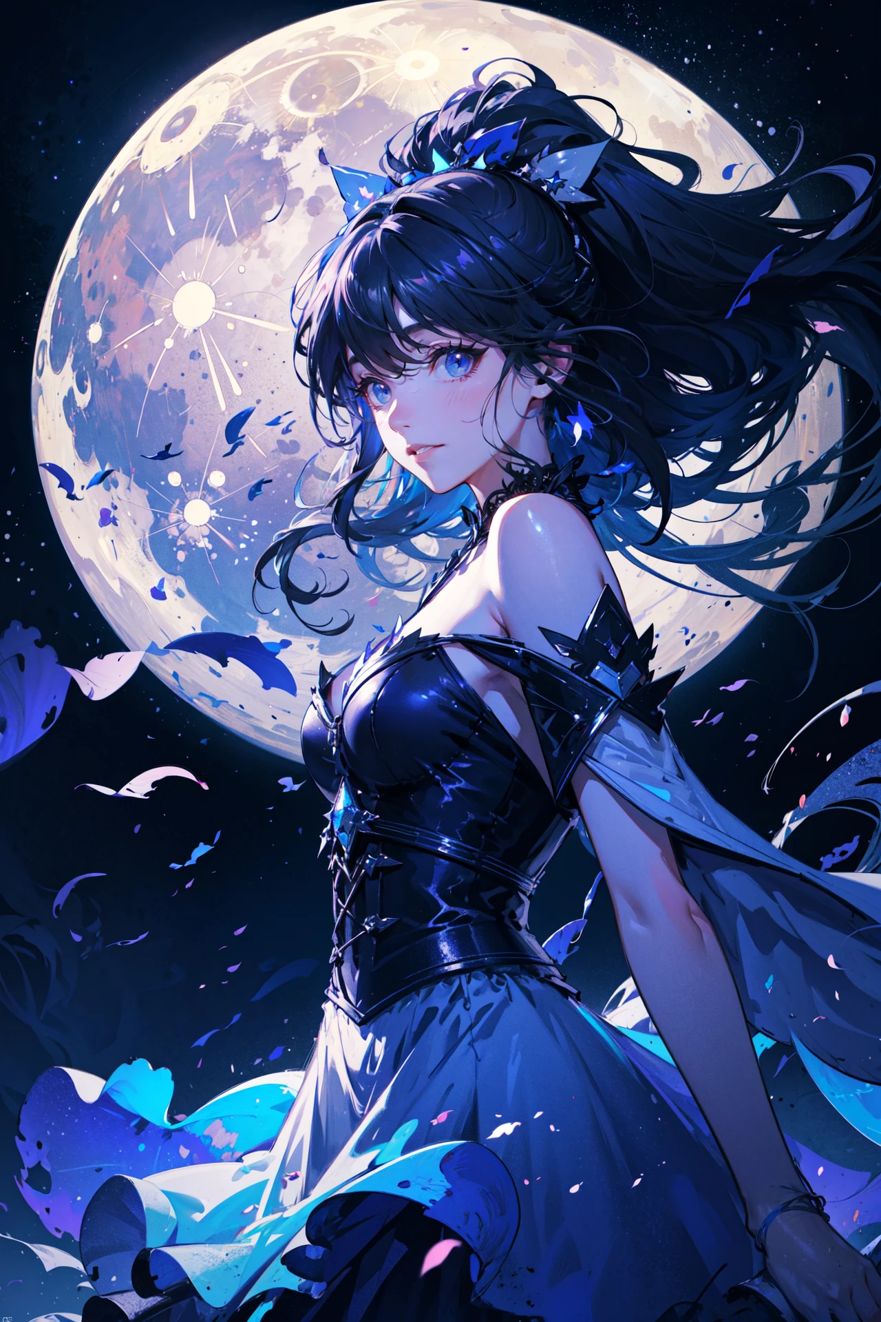 ((best quality, masterpiece, absurbres, super-resolution)) beautiful, movement, alluring. smiling, starry sky, ambience, moon, night sky, colorful lighting, cinematic lighting, neon light glowing, medium shot
