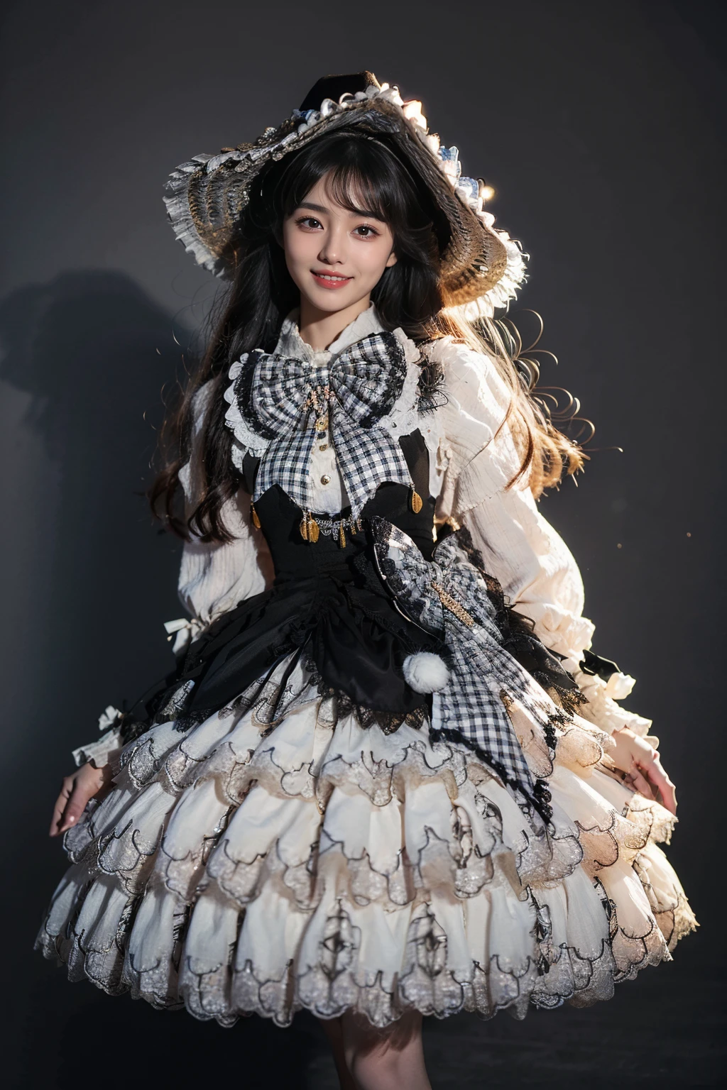 best quality, masterpiece, realistic, photorealistic, 1girl, solo, long hair, black hair, looking at viewer, smile, standing, arms at side, cowboy shot, cyb dress, long sleeves, hat, headwear, frilled dress, layered dress, frills, bow, plaid bow, simple background, grey background, <lora:lo_dress_vol3_style2_v1:0.7>