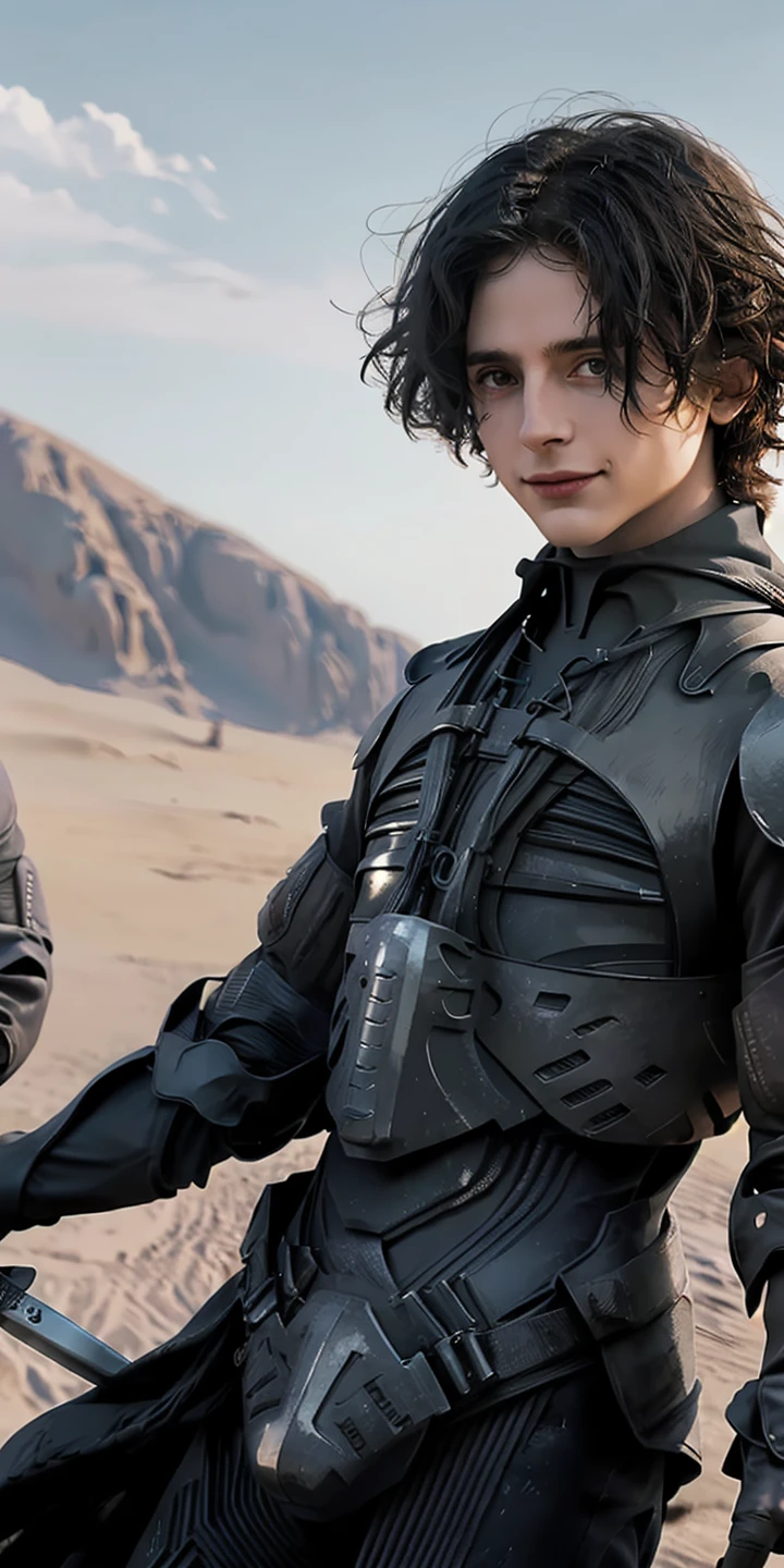 (((masterpiece))),(((best quality))),((ultra-detailed)),(((lots of details))),(beautiful detailed girl),((Epic Light and Shadow)),cinematic angle,oil painting,(illustration),(detailed light),((an extremely delicate and beautiful)),
fantasyArt,DigitalArt,
Paul Atreides,Dune,solo,1boy,male focus,black hair,knife,holding,weapon,holding knife,gloves,looking at viewer,short hair,armor,holding weapon,smile,animification,blurry background,
Dune,Dune movie,Paul Etrudy,big scene,desert,Panorama,
<lora:Paul Atreides:0.7>,(dynamic angle:1.5),