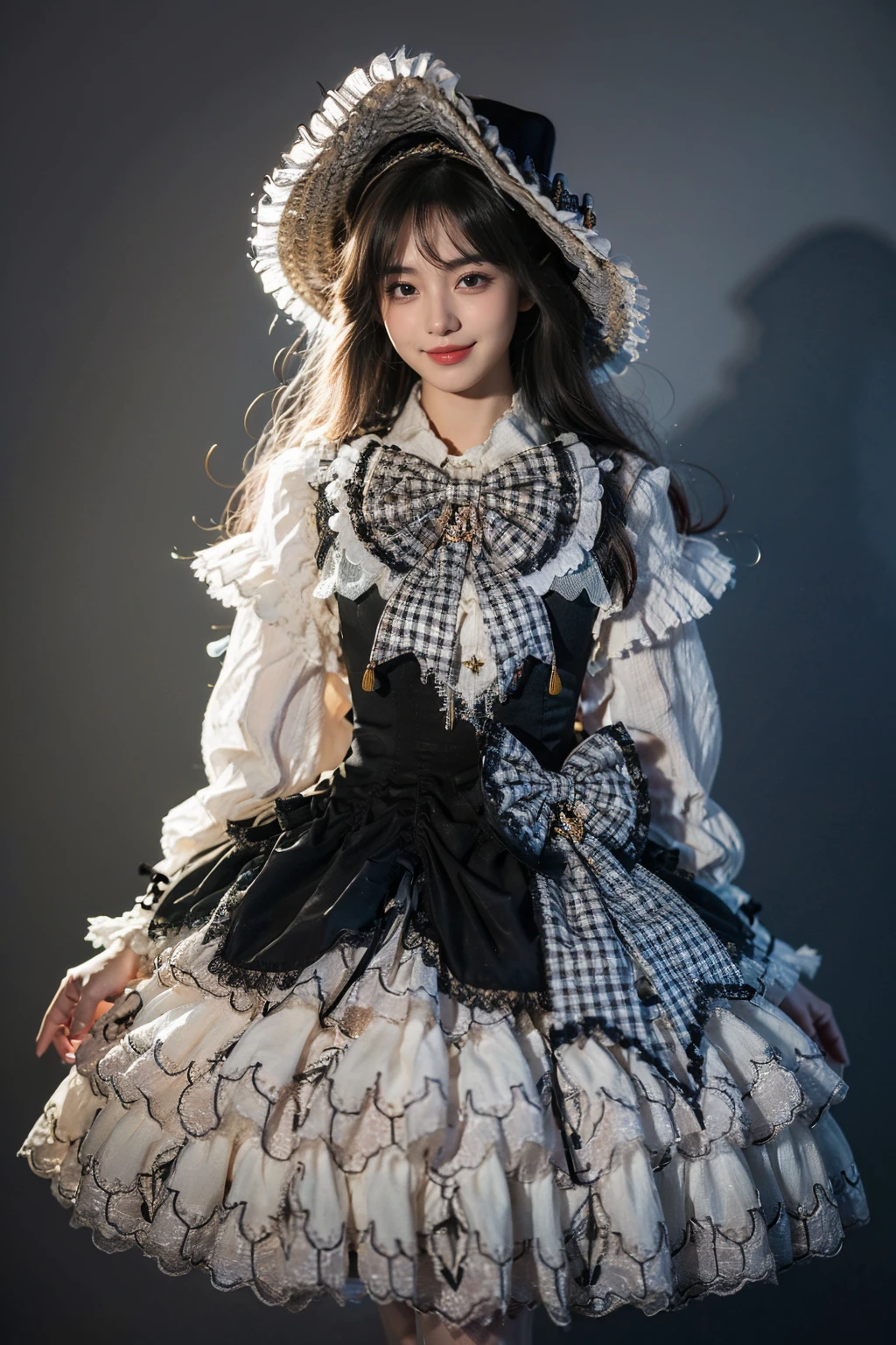 best quality, masterpiece, realistic, photorealistic, 1girl, solo, long hair, black hair, looking at viewer, smile, standing, arms at side, cowboy shot, cyb dress, long sleeves, hat, headwear, frilled dress, layered dress, frills, bow, plaid bow, simple background, grey background, <lora:lo_dress_vol3_style2_v1:0.7>