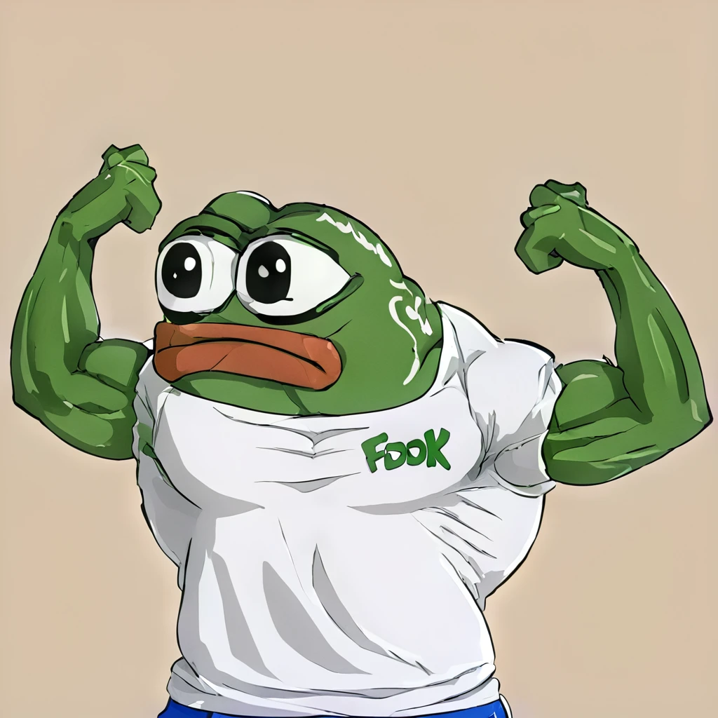 "FOOK", pepe the frog wearing a white top, muscular, flexing his muscle, simple background <lora:pepe75:1>