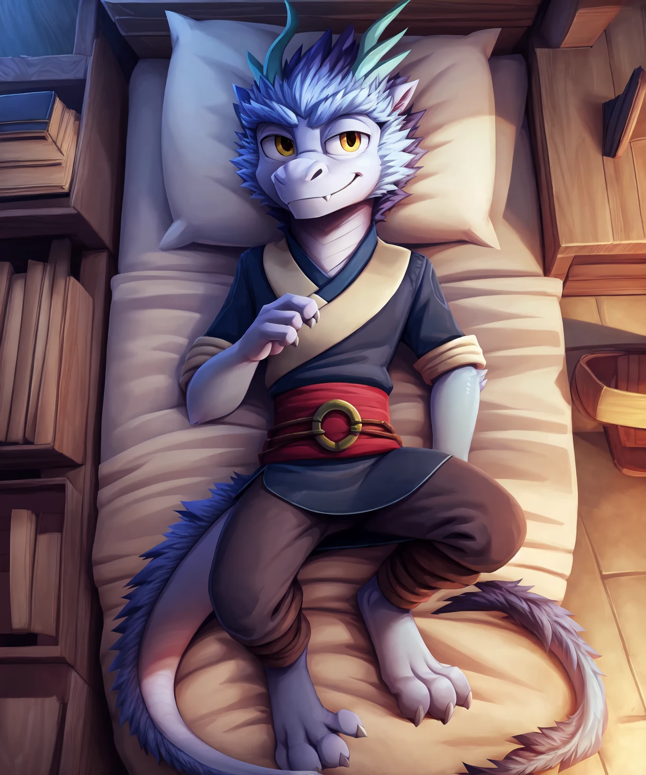 h3i, lying, on back, furred dragon, eastern dragon,fur, hair, scales, horn, male, solo, teenager,thick eyebrows, anthro, looking at viewer, dreamworks smirk, smirk, raised eyebrow,east asian clothing, high-angle view, full body,anatomically correct, symmetrical, beautiful yellow eyes,fangs, sharp teeth, feet, claws, 4k, hi res, indoors,bedroom, detailed background,realistic, photorealistic, photorealism,ultra realism shading, dimly lit, low light,cinematic lighting,natural lighting, backlighting, digital media (artwork),by katahane3,by yamatokuroko965,by inumania, (rembrandt:1.1025), by essence of rapture, by braeburned, by xnirox, by kurohane karasu,by furukara, by tenebscuro, by nurinaki, by zyria, by thesecretcave, by tojo the thief, by donutella, by falcrus, by zackary911,by blotch, <lora:h3i_YMv1:0.8>,  <lora:spik3_YMv1:0.1>