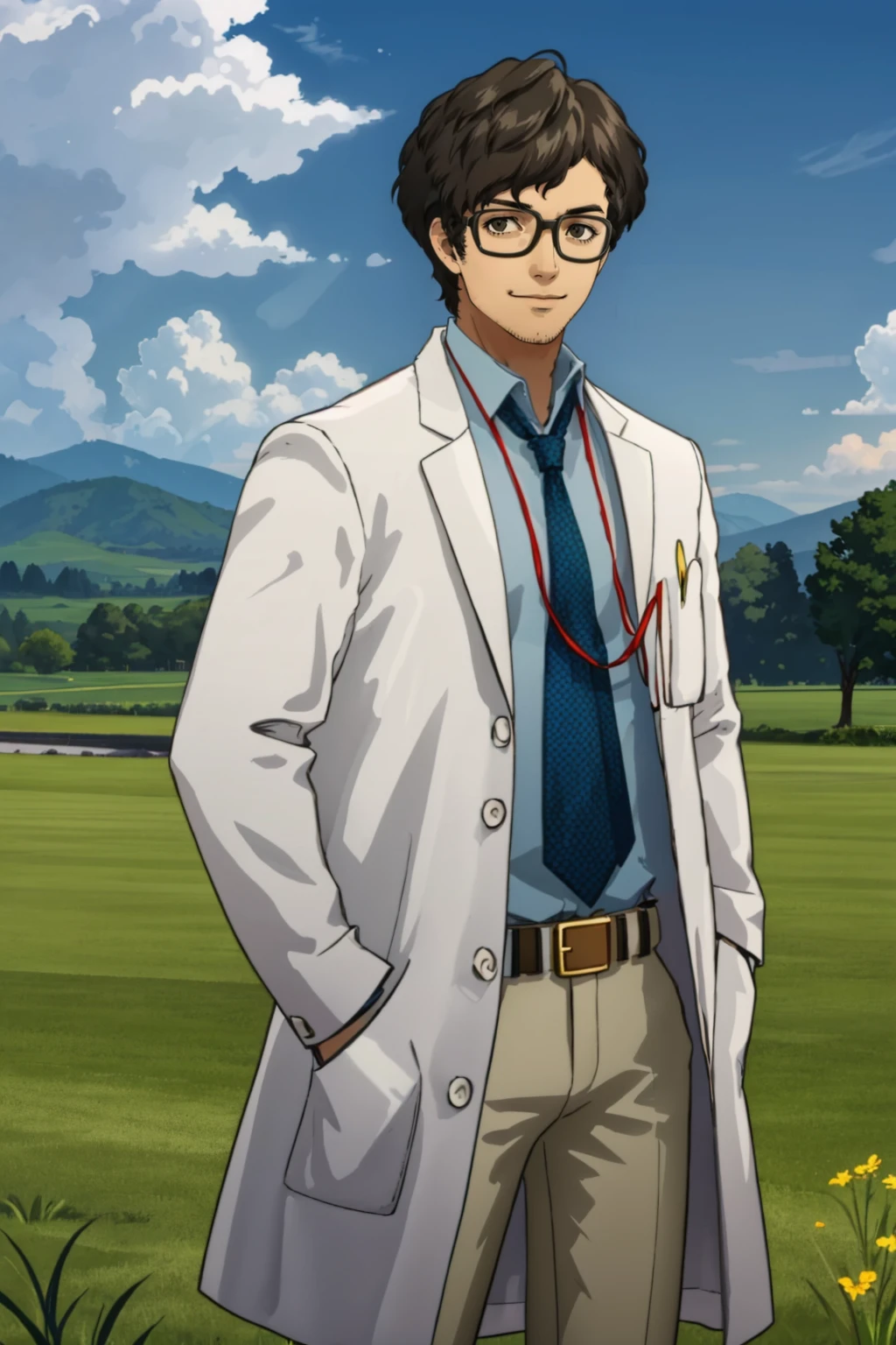 masterpiece, 1boy, looking at viewer, smile, hands in pockets, <lora:MarukiP5:0.9> marukiP5, glasses, labcoat, blue shirt, necktie, stubble, belt, pants, grass, sky, cloud