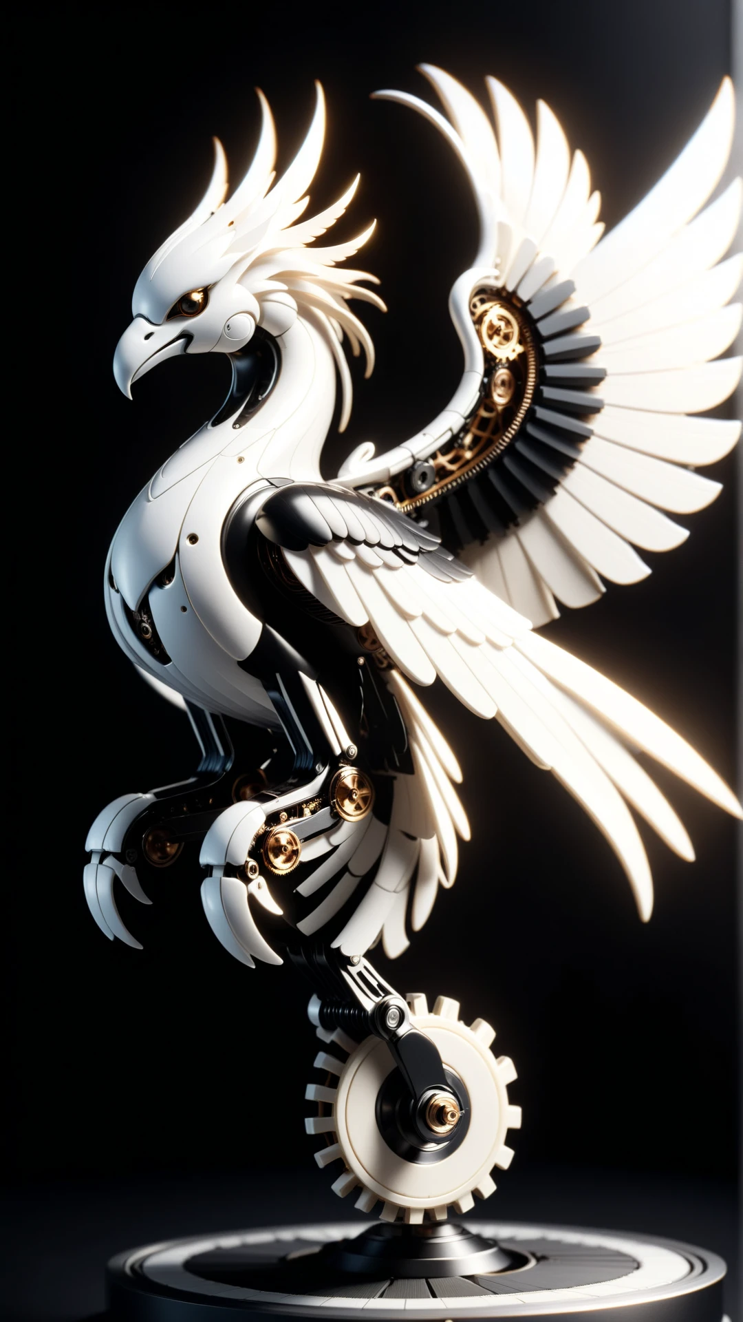 <lora:P14n03l3g4nt3b0n3XL:1>P14n03l3g4nt3b0n3 a mechanical phoenix mid-flight, intricate gear-work visible, black, white, ebony, ivory, luxury, 24mm, (analog, cinematic, film grain:1.3), Bokeh DOF, (Masterpiece:1.3) (best quality:1.2) (high quality:1.1)