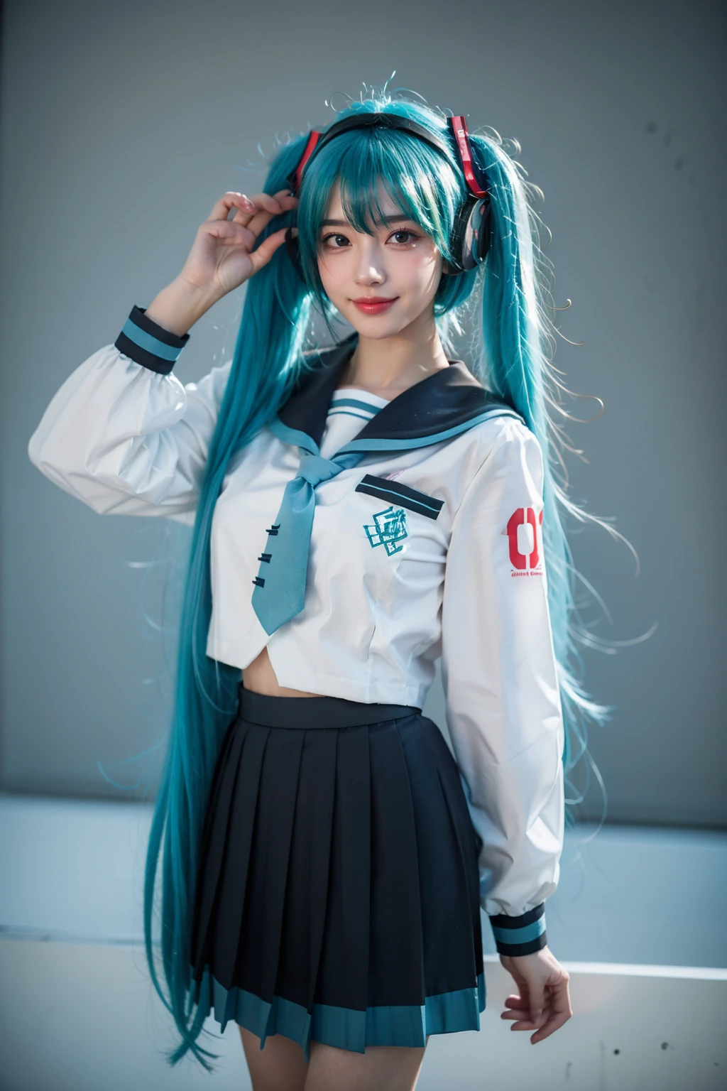 best quality, masterpiece, realistic, photorealistic, 1girl, solo, looking at viewer, smile, standing, cowboy shot, arms at side, hatsune miku, cosplay, aqua hair, twintails, hair ornament, very long hair, headphones, alternate costume, school uniform, sailor collar, serafuku, shirt, long sleeves, necktie, skirt, pleated skirt, simple background, <lora:miku_cosplay_schoolUniform_v1:0.7>