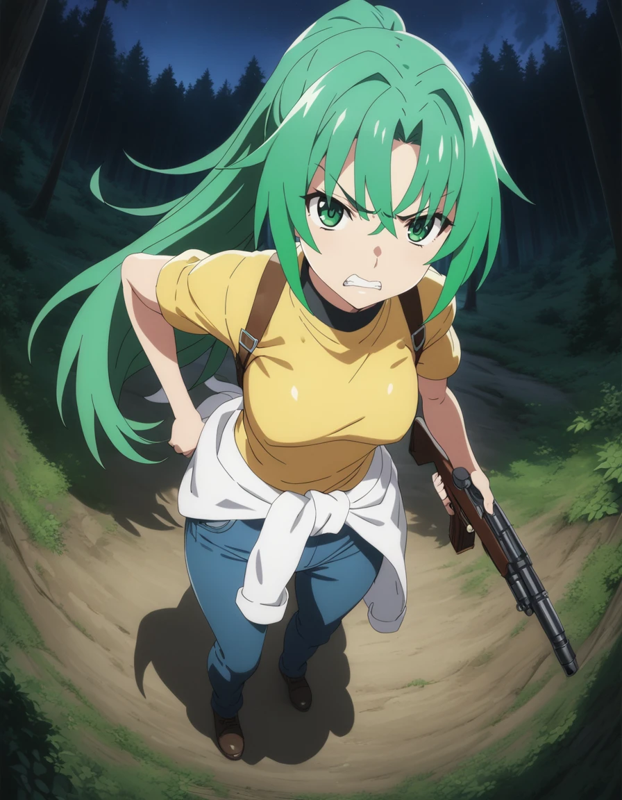 1girl,
<lora:sonozakimionXL1:0.8>,sonozakimion,
green eyes,green hair,long hair,ponytail,
clothes around waist, yellow shirt,pants,
(angry:1.1),
carry a gun,
fisheye lens,
forest,
night,
masterpiece, best quality, ultra detailed, highres,4k,(ultra-detailed:1.4) (illustration:0.5), (ray tracing,:0.8),(anime colored:0.7),(ai-generated:0.5), (anime screencap:1.2),