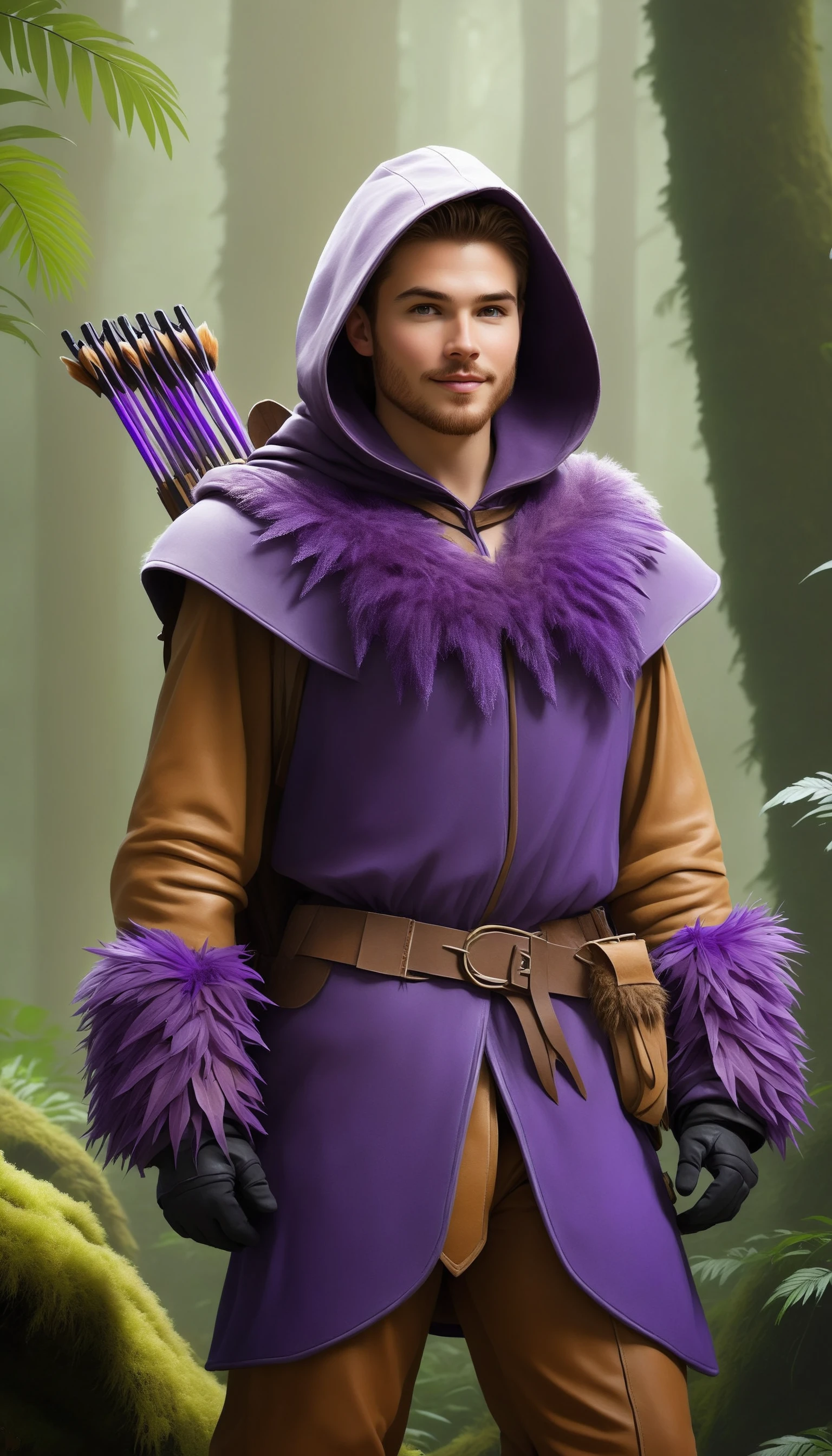 <lora:FluffyStyleXL:1.3> FluffyStyle Purple Style-GravityMagic, portrait, looking at viewer, solo, upper body, detailed background, detailed face, (tropical jungle theme:1.1) forest ranger, light smile, dynamic pose, medieval fantasy setting, high fantasy, brown furred leather clothes, cape, hood, serene forest, bushes, vines, rocks, river, evergreen trees, roots, birds, wildlife, arrows in quiver, crossbow, (snow:0.7), mist,, hairy