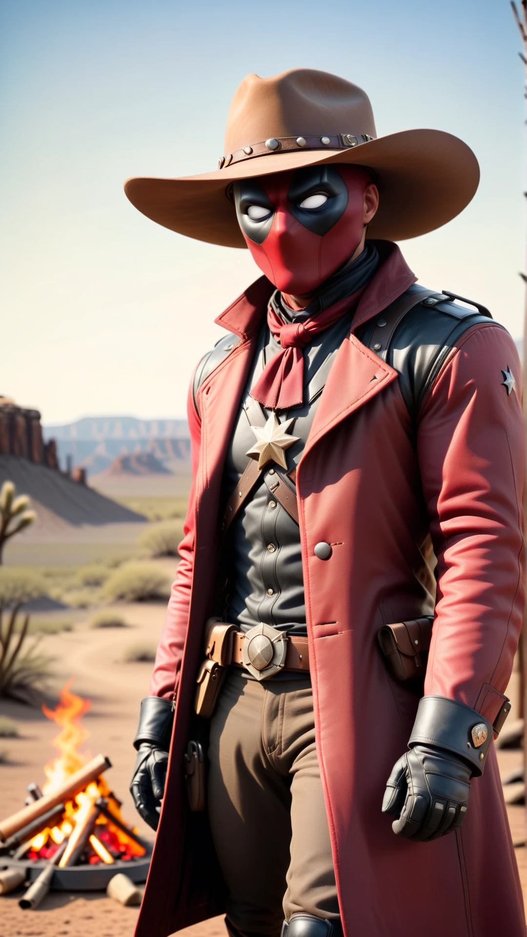 <lora:DeadpoolStyleXL:1>DeadpoolStyle portrait, (bloody scars:0.7), looking down, focus on character, solo, upper body, detailed face, (<lora:MusketPunkAI:0.6>, MusketPunkAI theme:1.1), renegade, wide brimmed hat, tilted hat, holster, coat, sheriff badge, walking, gritty expression, 19th century wild west, american frontier, wild west era campsite with campfire in background, desert backdrop, epic atmosphere, wind blowing,, 24mm, (analog, cinematic, film grain:1.3), Bokeh DOF, (Masterpiece:1.3) (best quality:1.2) (high quality:1.1)
