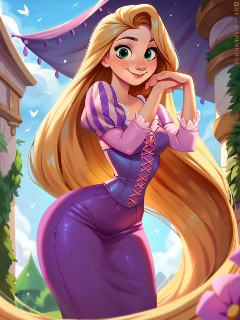 score_9, score_8_up, score_7_up, score_6_up, RapunzelWaifu in a balcony in the top of a tower, leaning forward, cute pose, medium breasts, narrow waist, wide hips, thick thighs, smile, blue eyes, purple dress, puffy sleeves, very long hair, blonde, green eyes, anime style, looking at viewer, cute, detailed landscape, cowboy shot, cartoon, 4k, masterpiece,
<lora:RapunzelPonyXL_character:0.7>