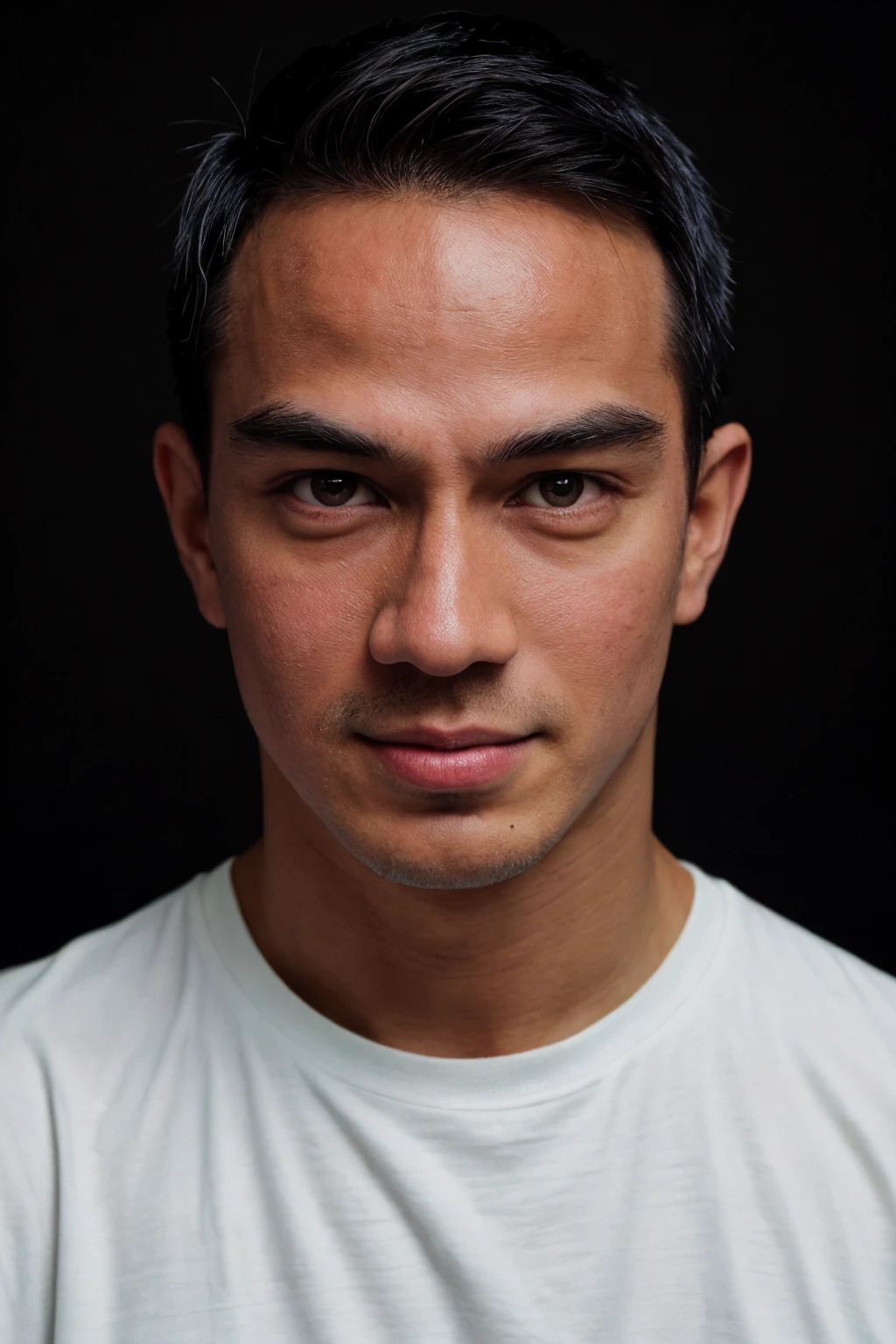 analog film photo <lora:[ID]_-_Joe_Taslim:1> joetaslim, man, solo, (looking at viewer), realistic lighting, asymmetrical hair, (detailed skin), (detailed face), (smile512:1.2), (black eyes), ((simple black background:1.5)), (white plain tshirt and pants with sneakers)
BREAK
soft diffused lighting, low key, masterpiece, best quality, ultra-detailed, ultra high res, (photorealistic:1.4), raw photo, (realistic:0.2), 8k HDR, 1boy, bokeh, f1.4, 40mm, photorealistic, raw, 8k, textured skin, skin pores, intricate details, shot with Blackmagic Pocket Cinema Camera by Mario Sorrenti
BREAK
<lora:PAseer-SD15-LCM Quick:1> <lora:epiCRealismHelper:.4>  <lora:DStyle_-_Photography_Style:.4> dstyle  . faded film, desaturated, 35mm photo, grainy, vignette, vintage, Kodachrome, Lomography, stained, highly detailed, found footage