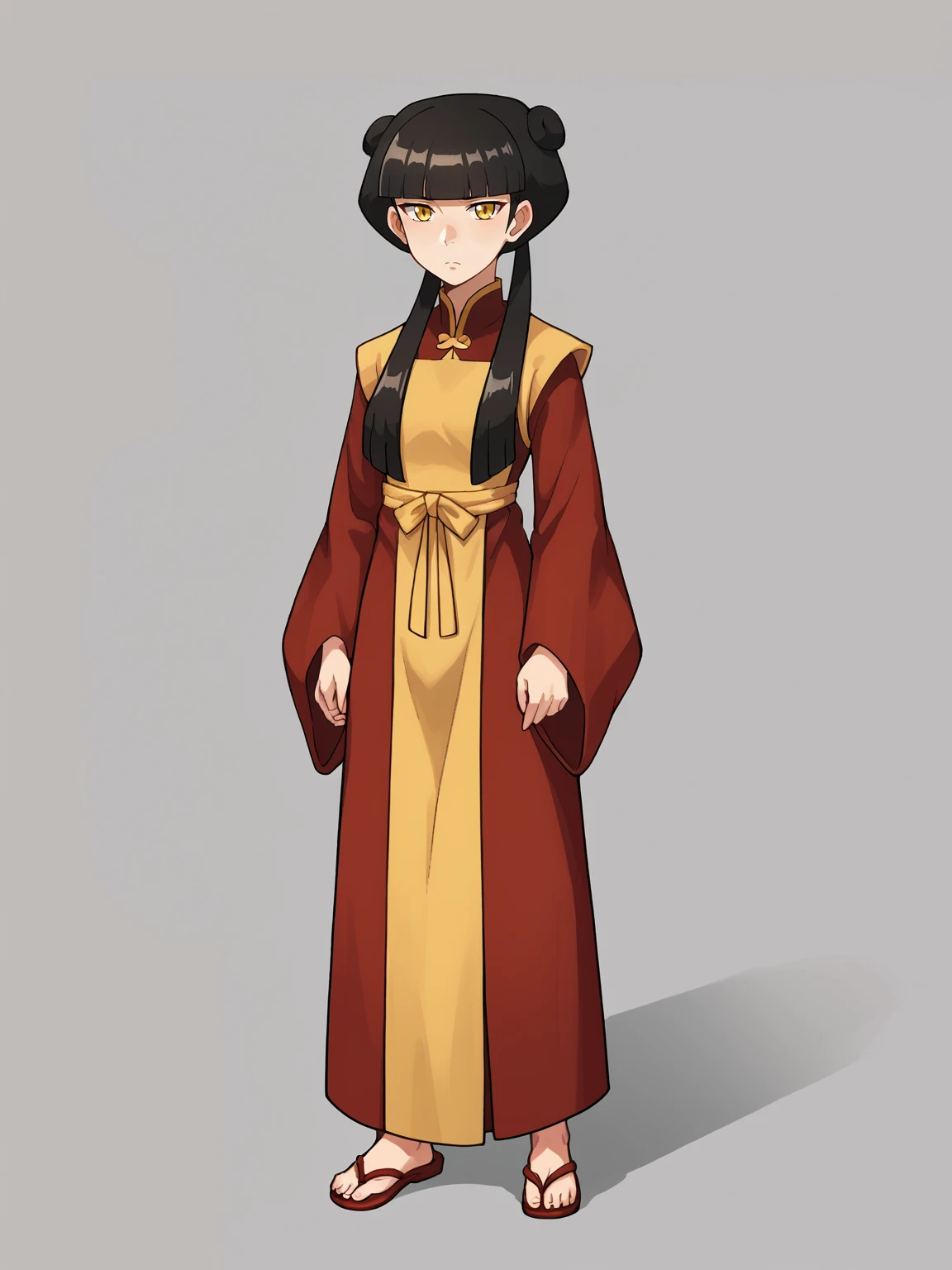 score_9, score_8_up, score_7_up, score_6_up, score_5_up, score_4_up, BREAK, source_cartoon, source_anime,
1girl, mai, black hair, long hair, blunt bangs, double hair bun, twintails, sidelocks, yellow eyes, long wide sleeves,
solo, full body, standing, looking at viewer, simple background <lora:MaiXL:1>