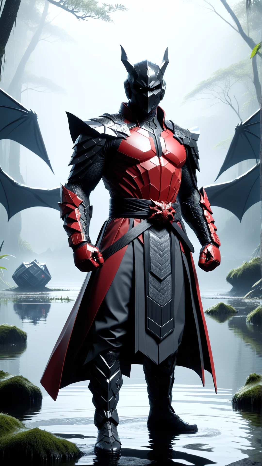 <lora:BatmanCoreXL:1>BatmanCore  looking away, solo, half shot, detailed background, detailed face, (<lora:PrecursorTech:0.6>, geometrical steel, **(scifi:1.1),** precursortech theme:1.1),   martial artist, dynamic pose, fighting stance, clenched fist, hitting, fingerless gloves, wristwraps,  dragon themed clothes, monk robes, watery swamp in background,    dynamic composition, mystical eastern medieval atmosphere, **(red gloves, boxing gloves:1.2),**, sleek, (carbon fiber:0.7), (tech:0.8), (sci-fi:0.7), 24mm, (analog, cinematic, film grain:1.3), Bokeh DOF, (Masterpiece:1.3) (best quality:1.2) (high quality:1.1)