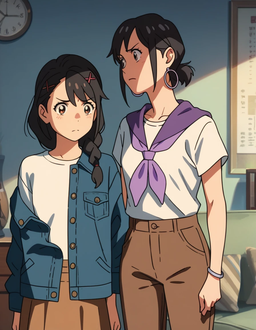score_9, score_8_up, score_7_up, score_6_up, score_5_up, score_4_up, source_anime,
<lora:suzume-pack-ponyxl:0.35>
2girls, multiple girls, arguing, facing another, living room
BREAK
suzume, braid, hairclip, x hair ornament, denim jacket, blue jacket, long sleeves, white shirt, brown skirt
BREAK
tamaki, hoop earrings, brown pants, purple neckerchief, short sleeves