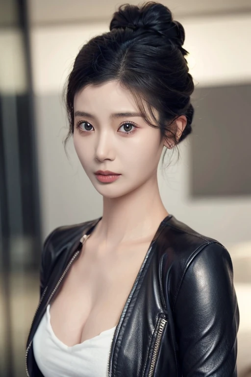 1girl,realistic,upper_body,masterpiece, best quality, ,black_eyes,black hair, 1girl, solo,detailed face,looking_at_viewer, (hair bun),<lora:LinYueQingV4:0.9>,leather suit, cleavage, breast