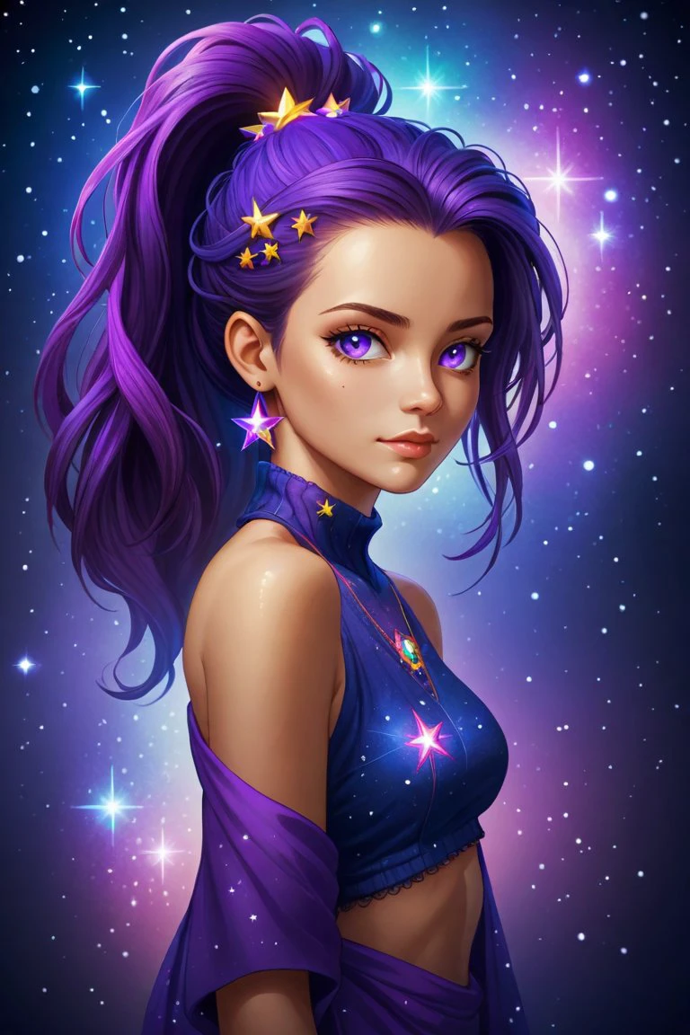 score_9, score_8_up, score_7_up, score_6_up, score_5_up, (masterpiece), 8k, very wide shot, volumetrics dtx, portrait, magical of stars more soft body particles, beautiful eyes, (dreadlocks:0.5) in a ponytail, (Violet head:1), vibrant colors, highly detailed
