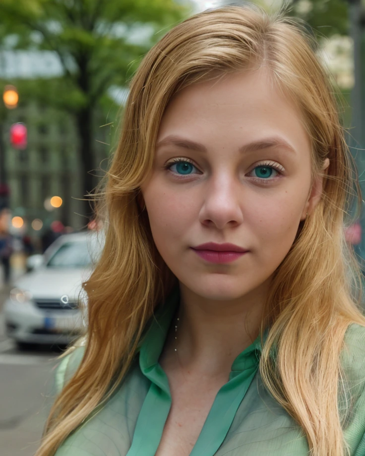 a picture of sydsnap, blonde, realistic, photorealistic, detailed skin, surface scattering, bokeh, skin pores,  city streets,wearing a (green blouse:1.2), blue eyes,outdoors,  <lora:sydsnap (1):1>