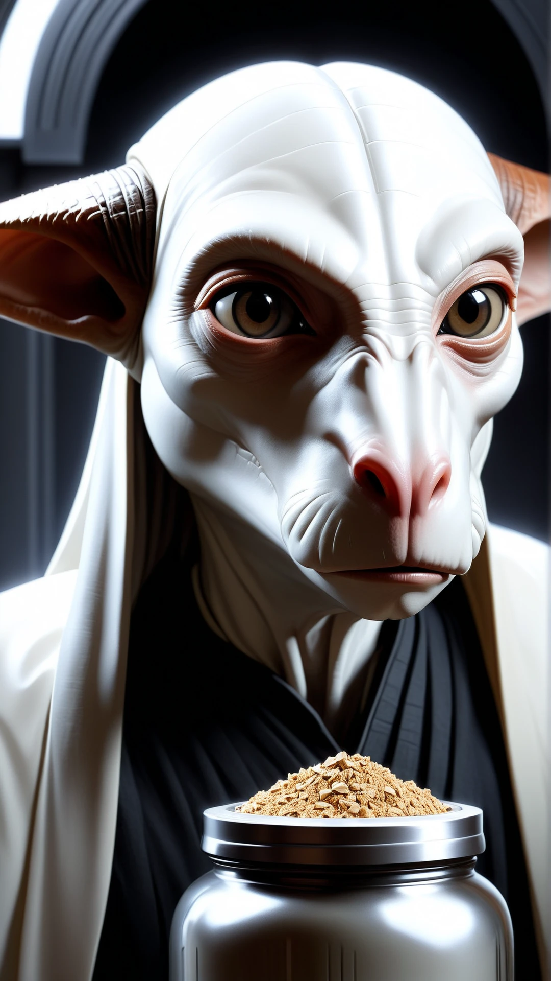 <lora:GalacticEmpireStyleXL:1>GalacticEmpireStyle a man with jar jar binks eyes, realistic portrait, symmetrical, highly detailed, digital painting, artstation, concept art, smooth, sharp focus, illustration, cinematic lighting, art by artgerm and greg rutkowski and alphonse mucha, white (star wars empire style:0.7), 24mm, (analog, cinematic, film grain:1.3), Bokeh DOF, (Masterpiece:1.3) (best quality:1.2) (high quality:1.1)