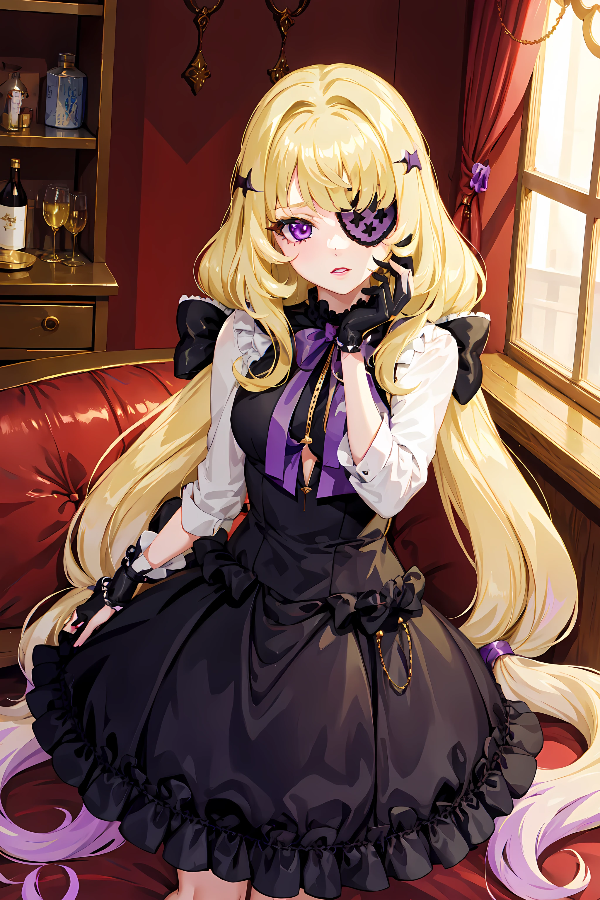 <lora:CharlotteCCv1:0.7> charlotte, masterpiece, best quality, 1girl, solo, blonde hair, long hair, purple eyes, eyepatch