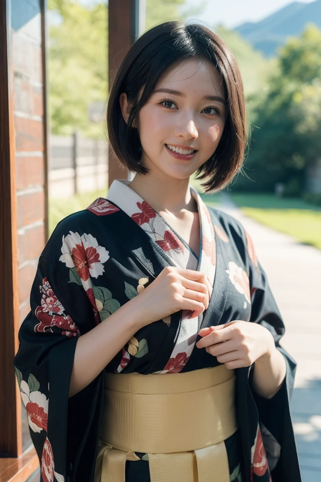 1girl,japanese clothes,kimono,solo,brown hair,looking at viewer,blurry,outdoors,yukata,smile,open mouth,obi,sash,floral print,short hair,blurry background,day,tree,realistic,bangs,
best quality,masterpiece,illustration,an extremely delicate and beautiful,CG,unity,8k wallpaper,Amazing,finely detail,masterpiece,official art,extremely detailed CG unity 8k wallpaper,incredibly absurdres,huge filesize,ultra-detailed,highres,extremely detailed,beautiful detailed girl,realistic,outdoors,light contrast,<lora:Kokoa Kai_20240313145047:0.8>,