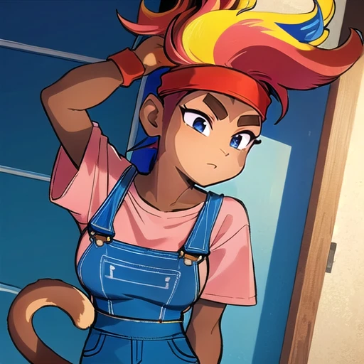 masterpiece, Highest Quality, Highest Resolution, perfect background, perfect perspective, sharp image, perfect details, perfect lighting, perfect shadows, Perfect lighting, Best background, best anime, 1girl, blue jean overalls, side burns, multicolored hair, red hair, yellow hair, red bandanna, gwendolyn, furry female, fur body, monkey girl, animal tail, side burns,