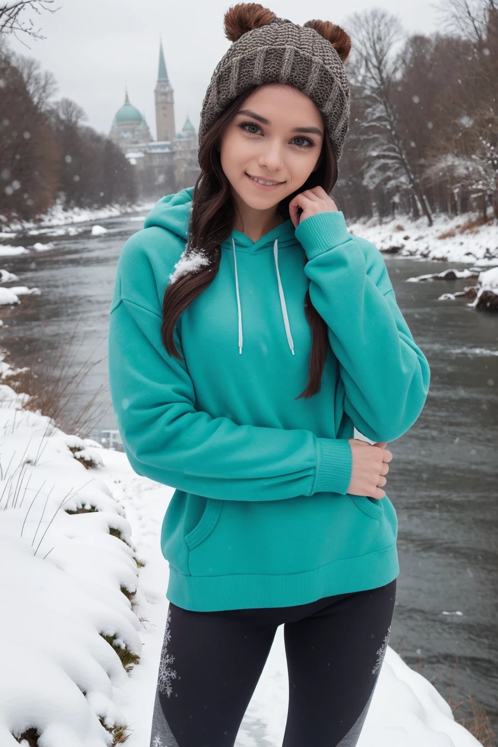 St Patrick's Day, <lora:Wolvie_l30nam1a_v2.6:1>, l30nam1a, 1girl, solo, makeup, realistic, smile, Aran sweater hoodie with leggings and platform sneakers, center-parted straight hair, with a snow-covered landscape in the background, glowing cityscape reflecting on a river, masterpiece, best quality, high resolution, perfect composition, realistic proportions, ultra sharp, perfect shadows, highly detailed, photorealistic, high realism