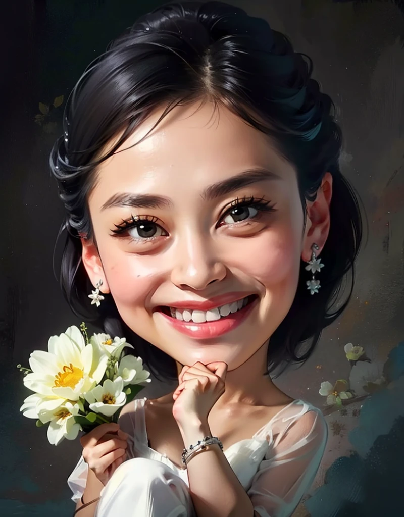 1girl,solo,jewelry,earrings,smile,black hair,realistic,black eyes,grin,looking at viewer,bouquet,white dress,lips,simple background,datou, (best quality:1.5), (masterpiece:1.5), (super Realistic:1.5),(high detail:1.5)