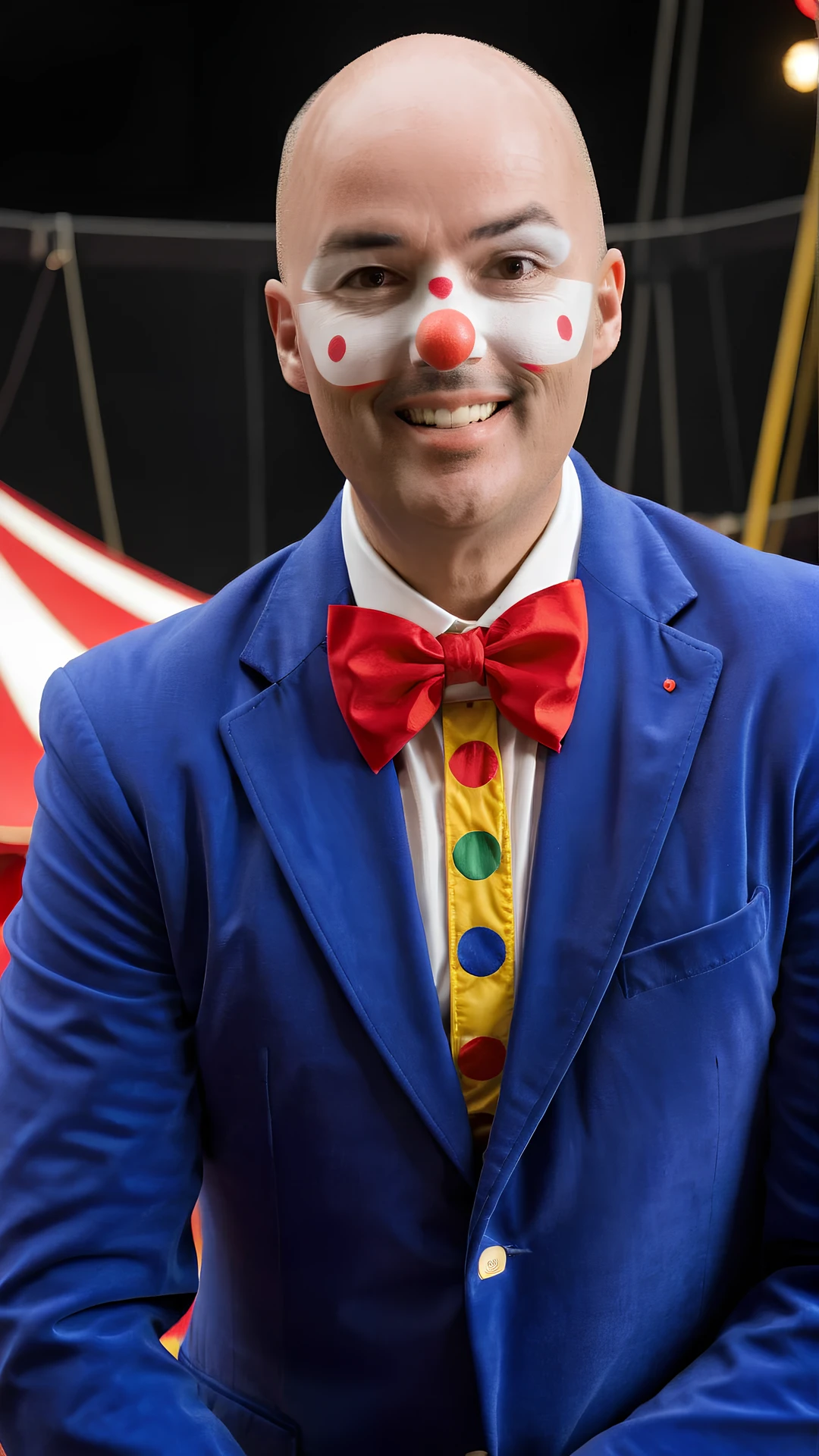 <lora:Cox-000005:1> Cox, bald head, wearing a clown suit, at a circus, clown nose