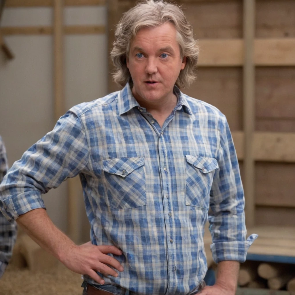 full body, jamesmay, solo, blue eyes, blonde hair, 1boy, male focus, standing in a tool shed, wearing a blue and white plaid shirt