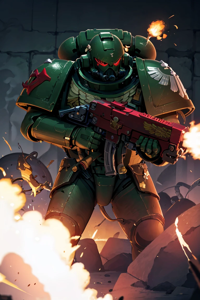 <lora:Bold_CAT:0.5>,
((masterpiece,best quality)), absurdres,
<lora:Dark_Angels_Warhammer_40K:0.8>,
Dark Angels Warhammer, red eyes, 1boy, weapon, male focus, gun, mask, helmet, robot, explosive, firing, power armor, gas mask, shell casing, 
cowboy shot,