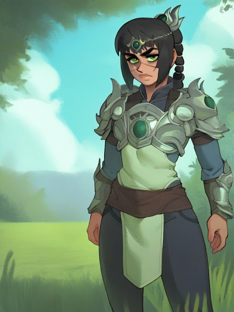 score_9, score_8_up, score_7_up, score_6_up, score_5_up, score_4_up, BREAK, source_anime, 1girl, solo, shadowheart standing in tall grass during a sunny day, black hair, braided ponytail, long hair, green eyes, scar on face, circlet, looking at viewer, armor, blue sky, cloud, standing, grass, meadow background <lora:ShadowHeartXL:0.8> <lora:RizdrawsXL:1>