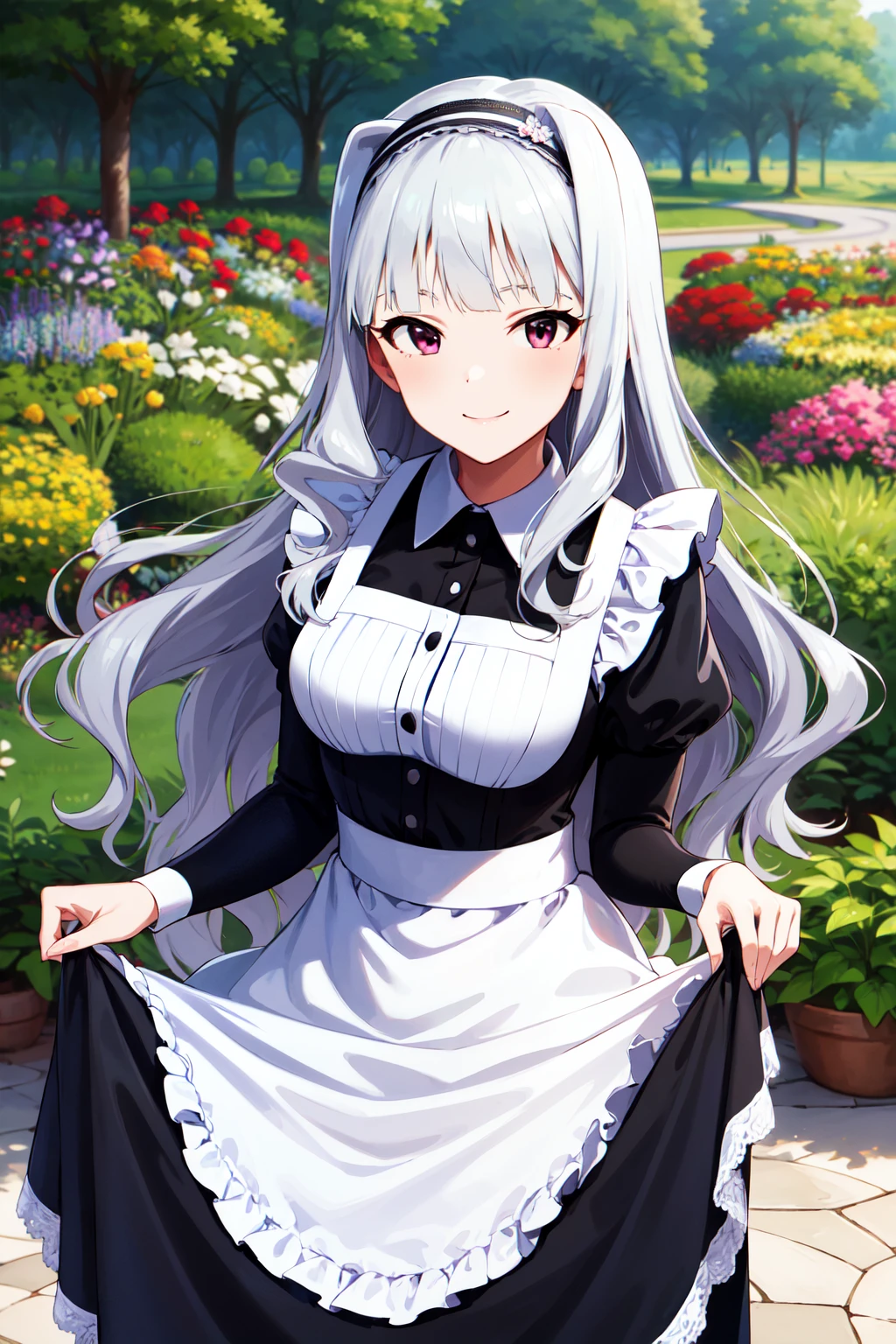 masterpiece, best quality, highres, aatakane, long hair, hairband, <lora:shijou_takane_v1:0.7>, maid, maid headdress, apron, black dress, skirt hold, smile, garden, standing,