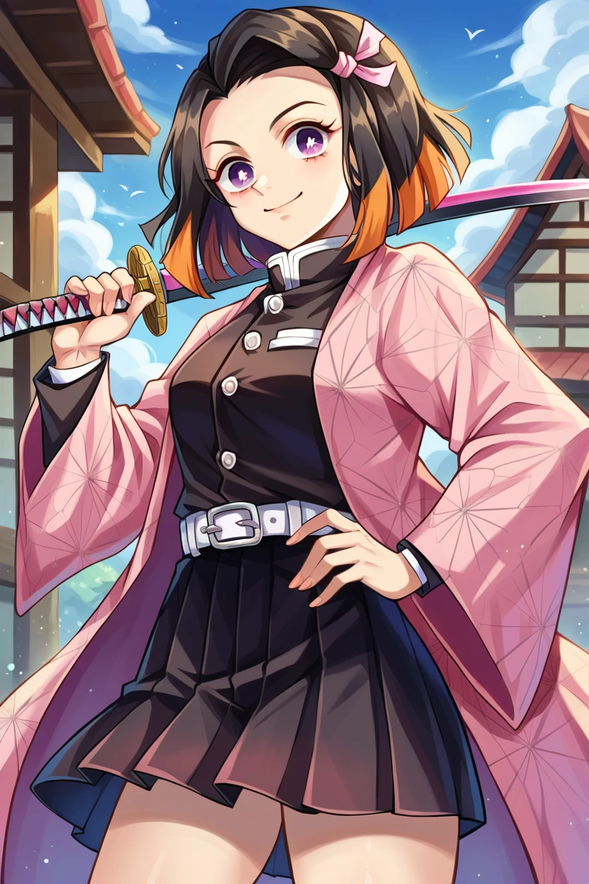 score_9, score_8_up, score_7_up, score_6_up, score_5_up, score_4_up BREAK source_anime,nezukorps, 1girl, solo,cowboy shot,purple eyes,white pupils,short hair,,black hair,two-tone hair,orange hair, demon slayer uniform,black jacket, black pleated skirt,miniskirt,pink haori,asa no ha \(pattern\), holding pink katana,smile,standing,japanese architecture,town in the background,wooden railling,looking at viewer,white belt,long sleeves,hand up,(hand on own hip),pink hair ribbon , (from below:0.8) <lora:NezukorpsXL_v1:1>