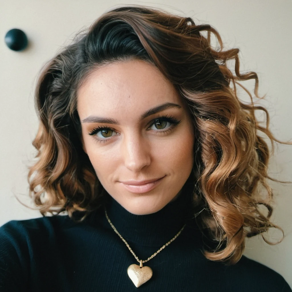 Looking straight at the camera, Film grain, skin texture, Instagram closeup selfie of a woman with beautiful wavy hair wearing a heart necklace,f/1.8,wearing a tutleneck shirt, <lora:kelbrook_xl_1_standard_wo_cap_merger_28_61_03_07:1>