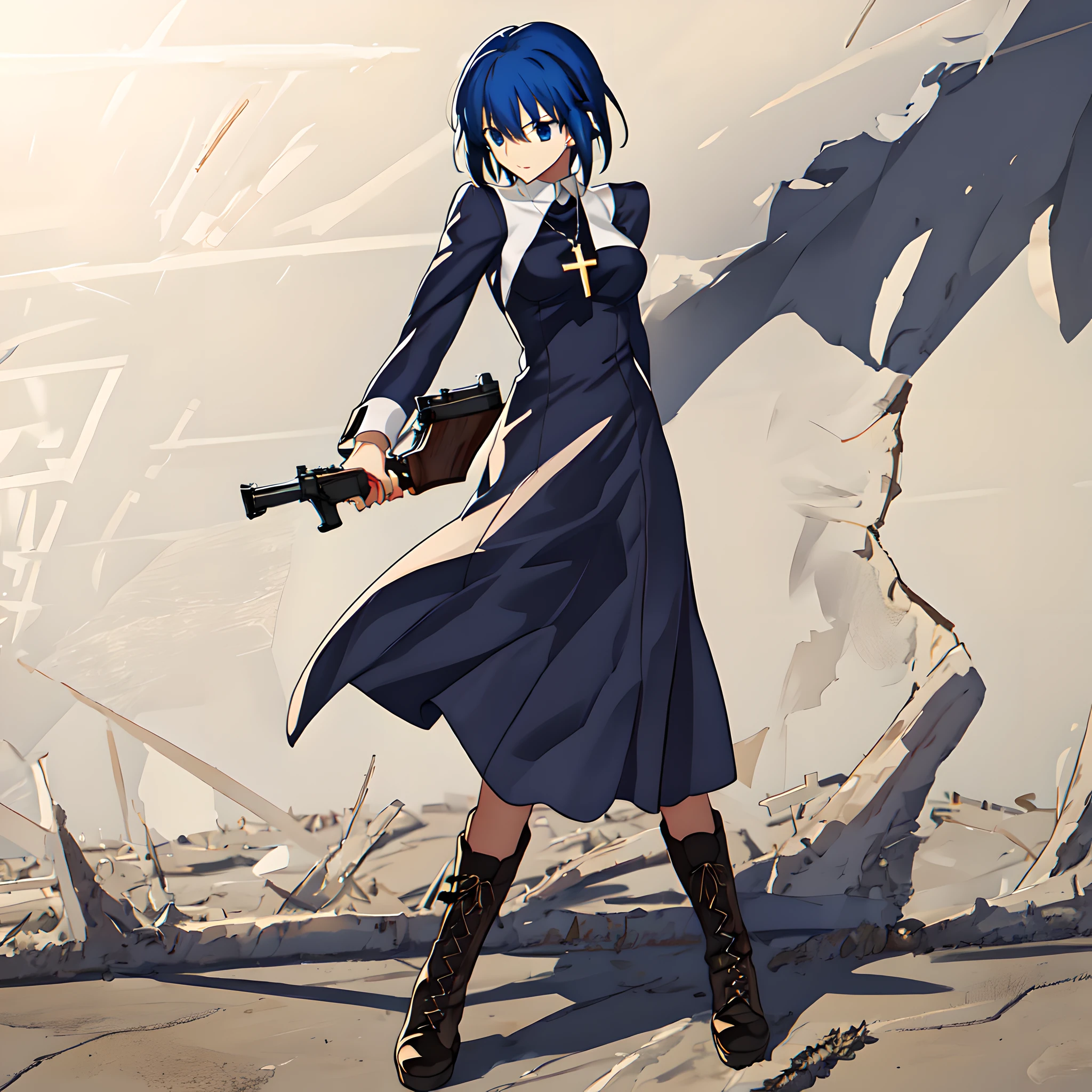 <lora:ciel:0.8>,ciel,1girl,super fine illustration,masterpiece,best quality,breasts,nun,dress,long sleeves,cross necklace,cross-laced footwear,lace-up boots,boots,necklace,gun,midnight,