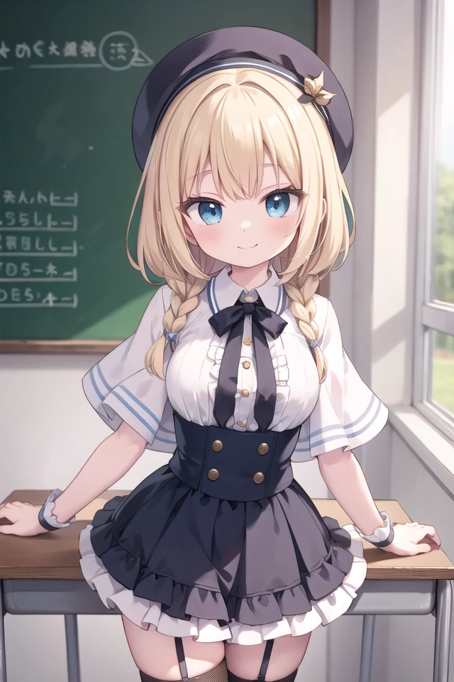insanely detailed, absurdres, ultra-highres, ultra-detailed, best quality,
1girl, solo, nice hands, perfect hands
BREAK
(gothic drress, Idol costume:1.3), (pink and white theme:1.2), (white blouse:1.4), (white collar, tie:1.3), (open short-cape:1.3), (short sleeve:1.2), (pink tartan-check pattern (ruffle-skirt, multilayer-skirt):1.4), (white basque-beret with ribbon:1.3), (Fishnet stockings:1.3), (glove:1.2), (angel ring, halo:-1)
BREAK
happy smile, laugh, closed mouth
BREAK
standing, cowboy shot, looking at viewer
BREAK
slender, kawaii, perfect symmetrical face, ultra cute girl, ultra cute face, ultra detailed eyes, ultra detailed hair, ultra cute, ultra beautiful
BREAK
in classroom, school desk, school chair, chalkboard, depth of field, ultra detailed background
BREAK
medium large breasts
BREAK
blonde hair, blue eyes, halo braids,