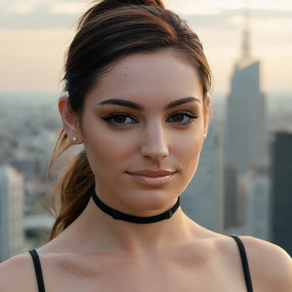 (Skin Texture, pores, natural,iPhone,RAW)), natural lighting, Highest Quality closeup Portrait photo of a pretty woman,black thin choker, clear lipgloss, Nikon Z9, realistic matte skin, blurry city in the background, 8K, symmetric, whole face, <lora:kelbrook_xl_1_standard_wo_cap_merger_28_61_03_07:1>