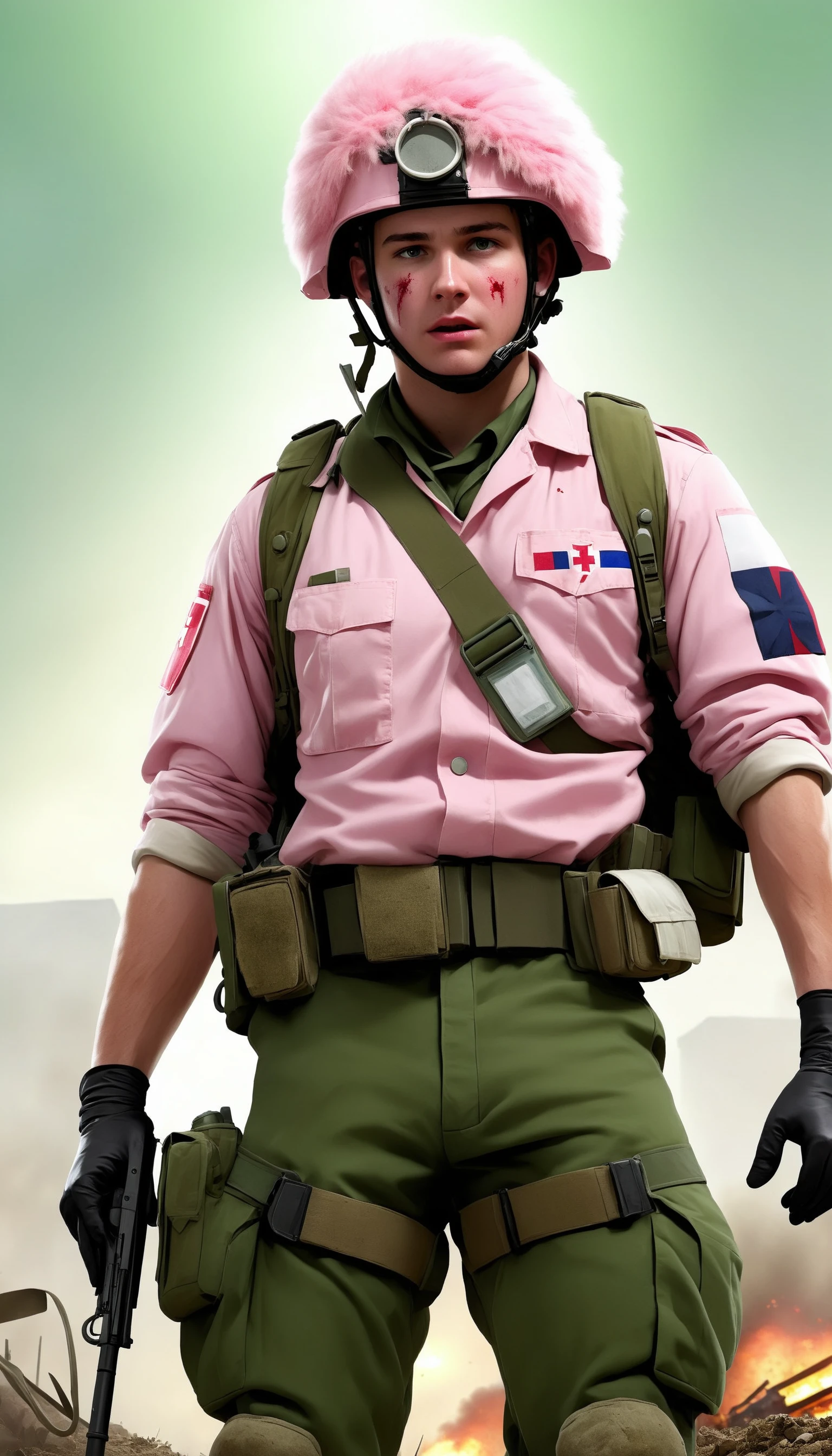 <lora:FluffyStyleXL:1.3> FluffyStyle Pink solo, upper body, looking up, detailed background, detailed face, (<lora:AbsinthePunkAI:0.5>, AbsinthePunkAI theme:1.1), battlefield-medic, field-surgeon, exhausted, white tattered military medic uniform, army helmet, gloves, belt, green cross, flag, first aid kit, bandages, toruniquet, triage, dirt smudges, blood , dynamic movement, battlefield-hospital in background, under fire, intense action, dawn, emergency, epic atmosphere,, hairy