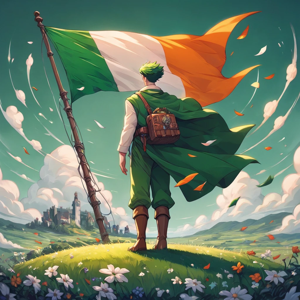 score_9, score_8_up, score_7_up, score_6_up, flag of Irland in Ghibli style, Saint Patrick's Day attire, radiating the spirit of celebration, dynamic angles capture her full flag , surrounded by an explosion of vibrant green clovers. The scene is set against a backdrop of lush Irish fields, enhanced with a fractal rainbow. The artwork is cinematic in nature, evoking a sense of wonder and enchantment, rendered in paint, showcasing every meticulous detail in 8K resolution for the highest quality visual experience <lora:Flag%20of%20Irland%20in%20Ghibli%20style:1> <lora:Smooth Anime Style LoRA XL:1>, masterpiece, best quality