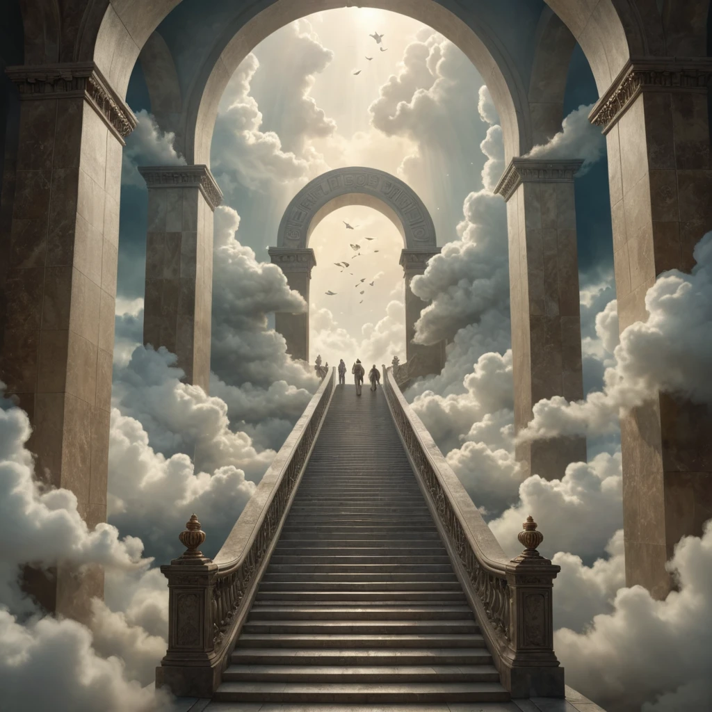 A surreal depiction of the quest for equality, represented by a vast, ((endless staircase winding through the clouds)), with diverse people climbing together toward a shining, elusive doorway at the top. The scene blends elements of fantasy and reality, with barriers along the path symbolizing various social obstacles. The mood is hopeful yet challenging, with ethereal lighting and symbolic motifs scattered throughout.