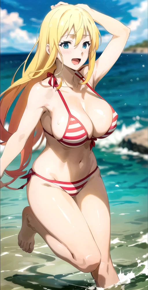 DarknessV2, 1girl, solo, portrait, hair down, striped bikini, big breasts, in water, ocean, beach, sunny, playing, splashing, jumping, happy, perfect quality, good quality, masterpiece, HDR, UHD <lora:Darkness V2-000003:0.75>