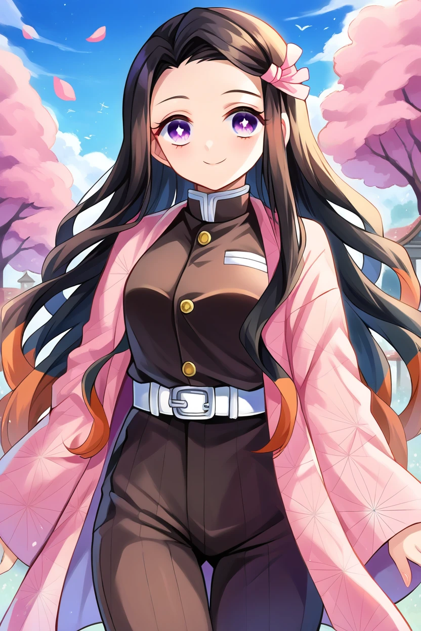 score_9, score_8_up, score_7_up, score_6_up, score_5_up, score_4_up BREAK source_anime,nezukorps,1girl, solo,cowboy shot, black hair,purple eyes, white pupils,long hair, (two-tone hair:1.1),white belt, sheath,demon slayer uniform,black jacket, black pants, pink haori, asa no ha \(pattern\),pink hair ribbon,slight smile,looking at viewer, japanese arquitecture, town in the background, sky, pink petals <lora:NezukorpsXL_v1:1>