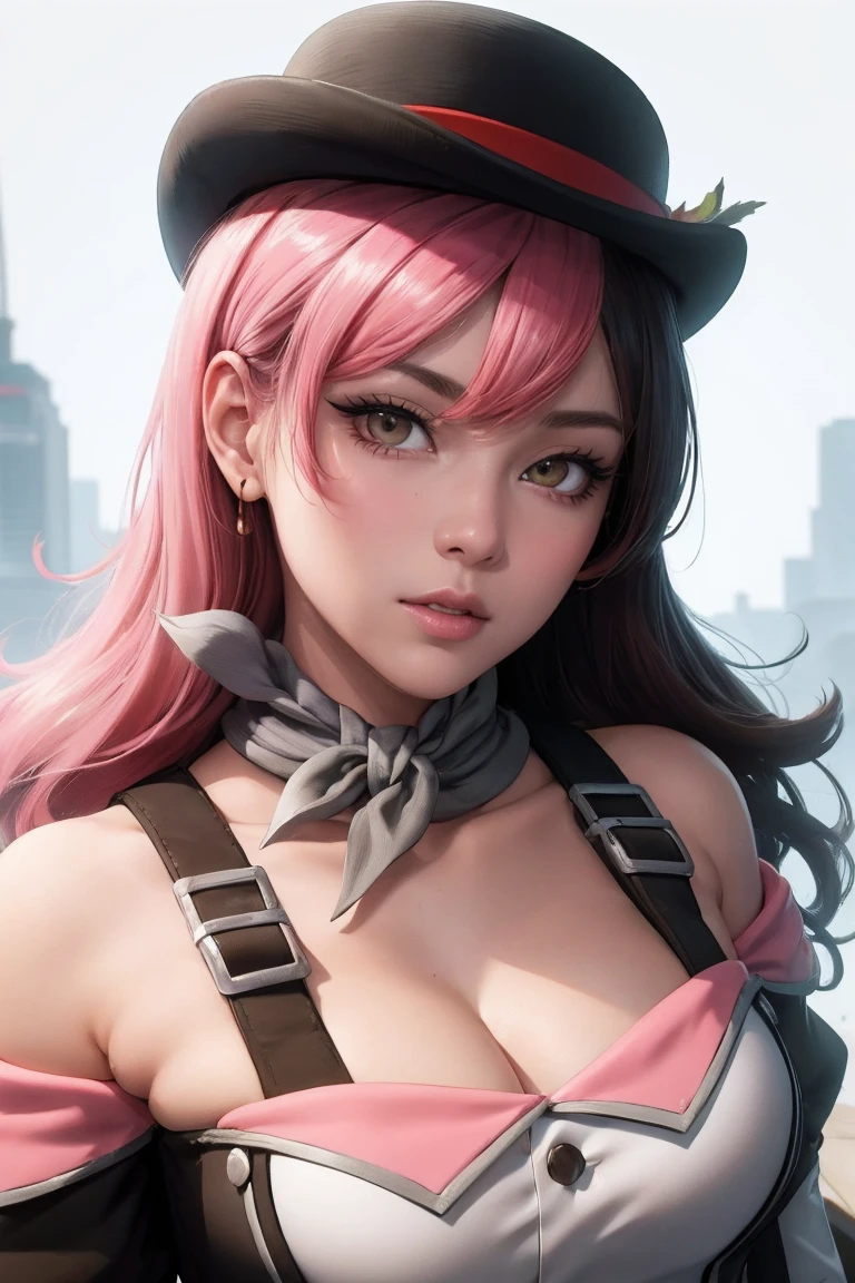 masterpiece, best quality, high quality, highres, outdoors, day, upper body, looking at viewer, solo, focused, BREAK, 
CARTOON_RWBY_neo_politan_ownwaifu,
1girl, brown hair, brown eyes, breasts, large breasts, heterochromia, pink eyes, hair between eyes, bangs, collarbone, shiny skin, hair over one eye, long hair, multicolored hair, pink hair, hat, split-color hair, two-tone hair, bowler hat, 
navel, cleavage, belt, white gloves, black headwear, detached sleeves, midriff, white pants, bare shoulders, belt buckle, black sleeves, off shoulder, white belt,  tight pants,
<lora:CARTOON_RWBY_neo_politan_ownwaifu:1>