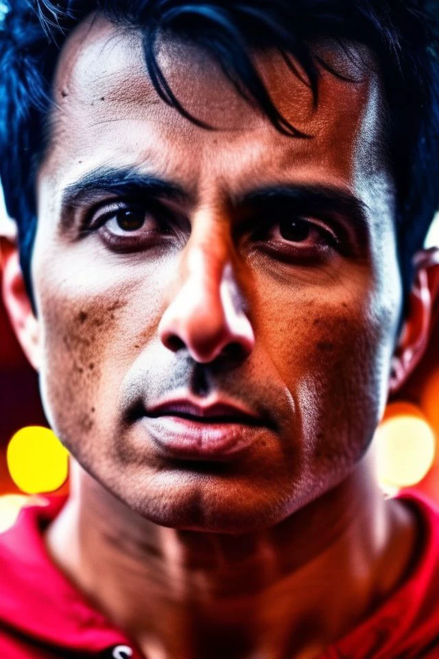 rufus sewell a man <lora:Sonu-Sood_Rufus-Sewell-000002:1>, realistic photo in a worn ((red tracksuit)), ((light bokeh)), intricate, (steel metal [rust]), elegant, sharp focus, photo by greg rutkowski, soft lighting, vibrant colors, (masterpiece), ((streets)), (detailed face), looking at viewer, light smile, night, walking towards viewer, cinematic lighting, beautiful lighting, cinematic lighting, (hazy filter, film grain:1.2)