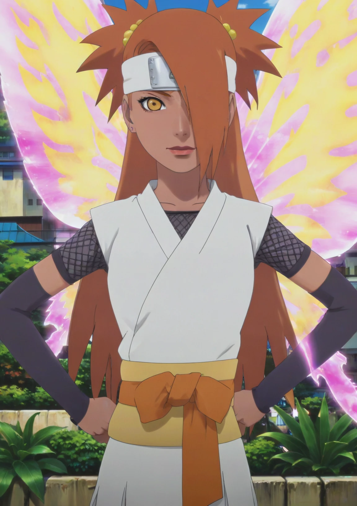 masterpiece, best quality, anime screen cap of Chocho, woman, Chocho, woman, butterfly_wings, smile, bold makeup, (beautiful symmetrical perfect detailed deep eyes), (extremely detailed iris), detailed eyes, detailed face, perfect face, (seductive eyes), beautiful face, cute, beautiful lips, elegant, petite, white sash, orange ribbon, crossed arms, fully body, looking at viewer, outdoors, bridge, plants, city in background, candid shot, bokeh effect, realistic shadows, volumetric lighting, detailed lighting, colorful, vibrant, hd, absurdes, in style of Masashi Kishimoto (anime coloring, anime screencap, Naruto anime style), <lora:add-detail-xl:1>, <lora:Chocho_Akimichi_sdxl_v1:1>,
