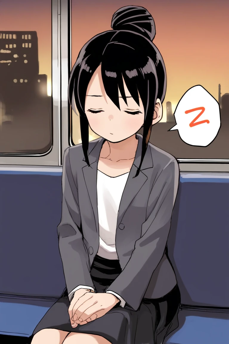 score_9, score_8_up, score_7_up, rating_safe BREAK
1girl, mature, flat chest, single hair bun, dark hair, closed eyes, sleepy, grey blazer, white shirt, formal suit, skirt, sitting, v arms, (spoken zzz:1.2), public train, train interior, city background, sunset