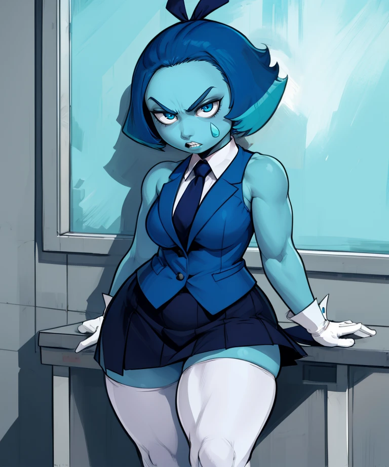 aquamarine,blue eyes,short hair,blue skin,facial mark,blocky hair,hair ribbon,
suit,tie,sleeveless,skirt,thighhighs,white gloves,serious,teeth,curvy,
standing,no_nose,
office,
(insanely detailed, masterpiece, best quality),
solo,<lora:Aquamarine:0.8>,