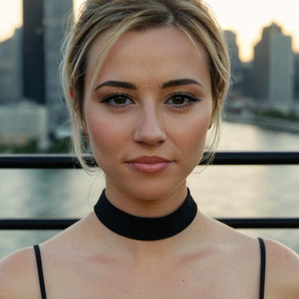 (Skin Texture, pores, natural,iPhone,RAW)), natural lighting, Highest Quality closeup Portrait photo of a pretty woman,black thin choker, clear lipgloss, Nikon Z9, realistic matte skin, blurry city in the background, 8K, symmetric, whole face, <lora:licardellini_xl_1_standard_merger_33_62_07_03:1>