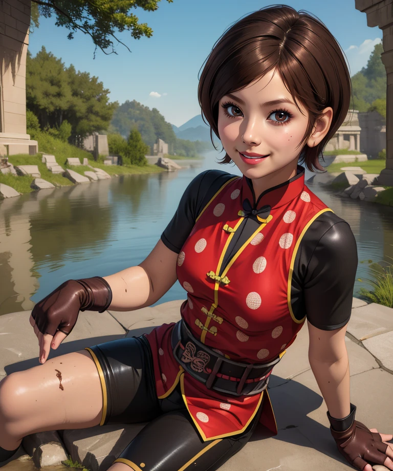 Eileen,brown hair,short hair,brown eyes,belt,
polka dot vest,red chinese clothes,elbow pads,short sleeves,black pants,fingerless gloves,
stone ruins,mud,smile,looking at viewer,
sitting,
(insanely detailed, masterpiece, best quality),<lora:Eileen:0.8>,