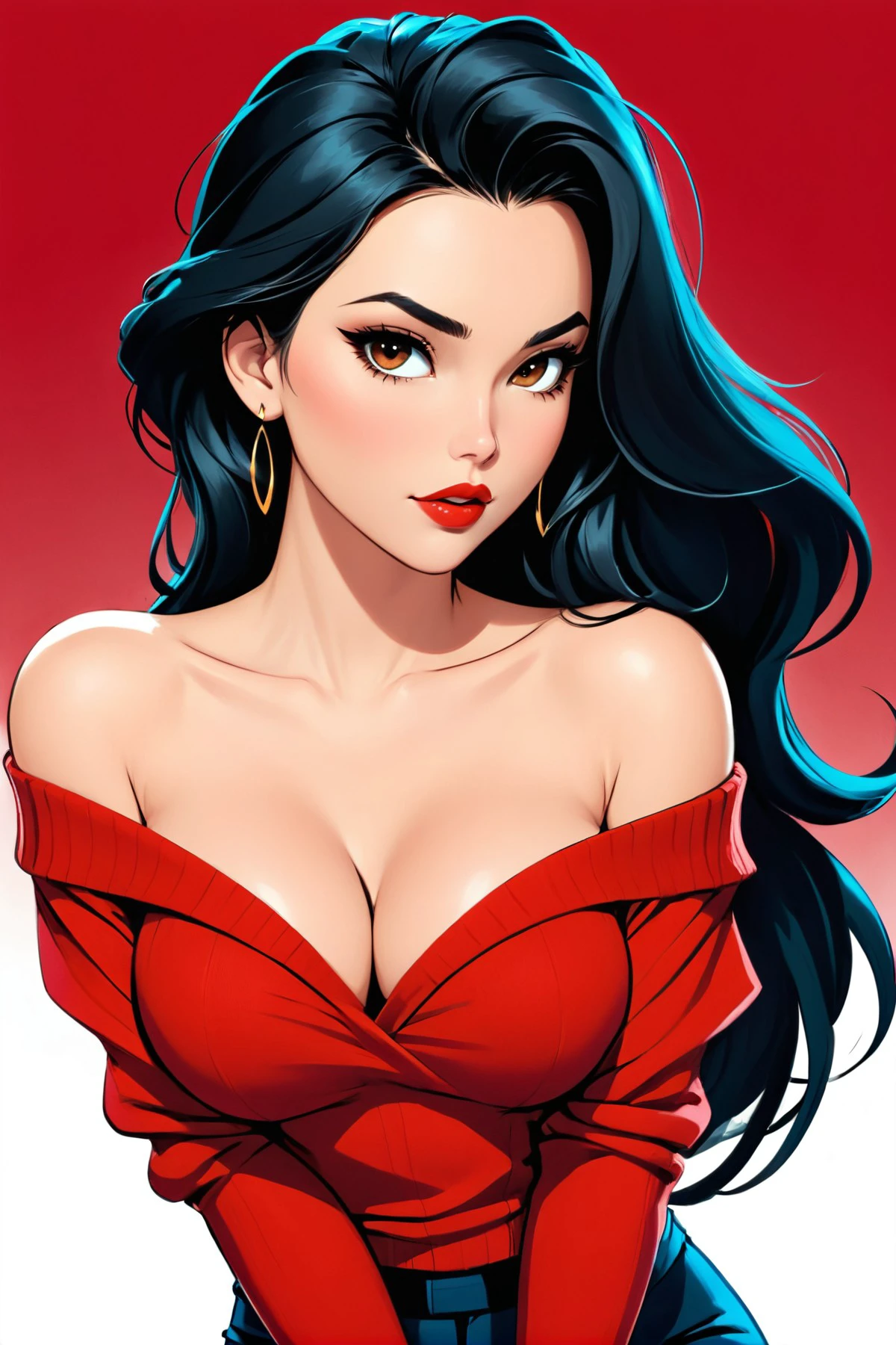 character concept art of a beautiful woman leaning over, red sweater falling off her shoulder, cleavage, extremely sexy, seductive, long hair, luscious lips, comic book art, rough colored sketch